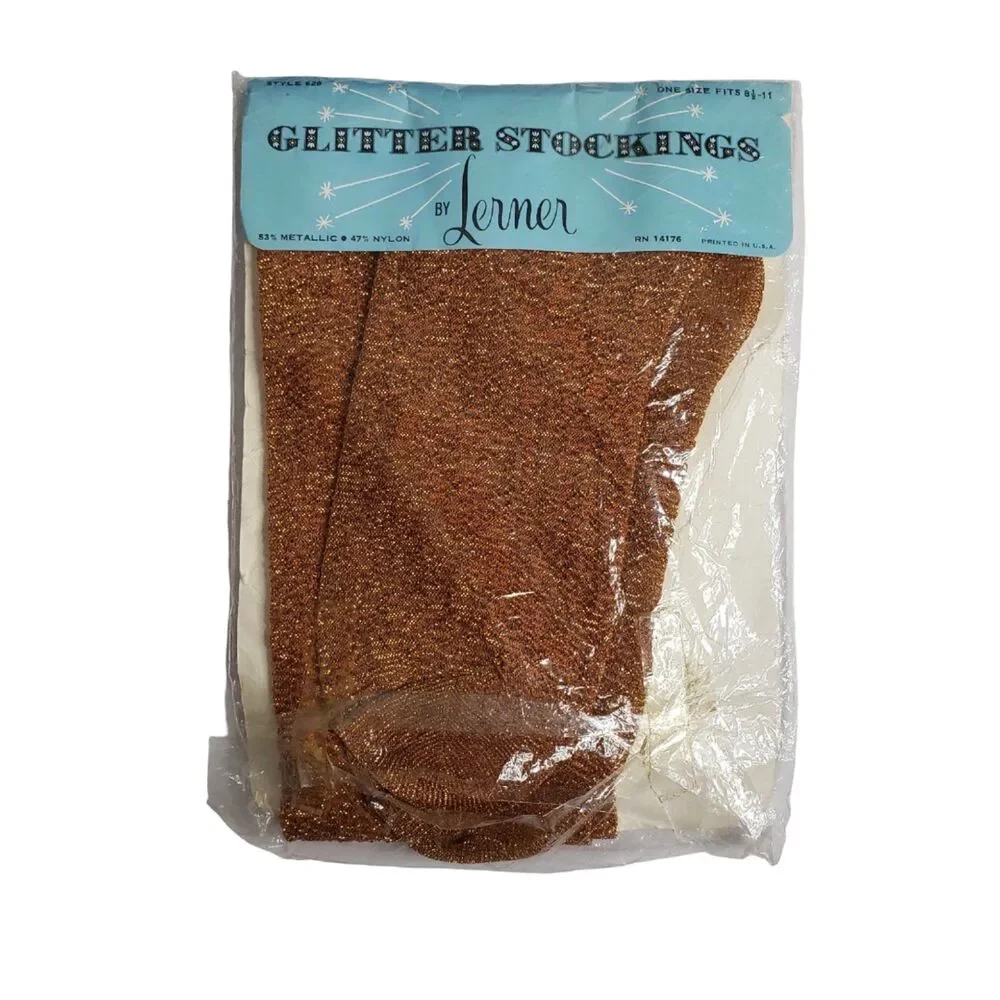 Vintage Lerner Metallic Copper Glitter Stockings Pantyhose One Size